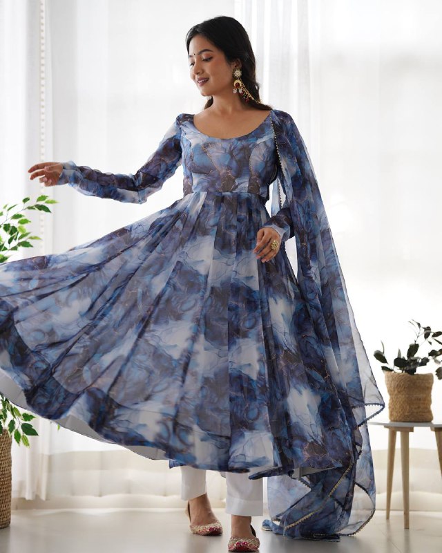 Aavya in Aqua Bloom Marble Print Anarkali Suit