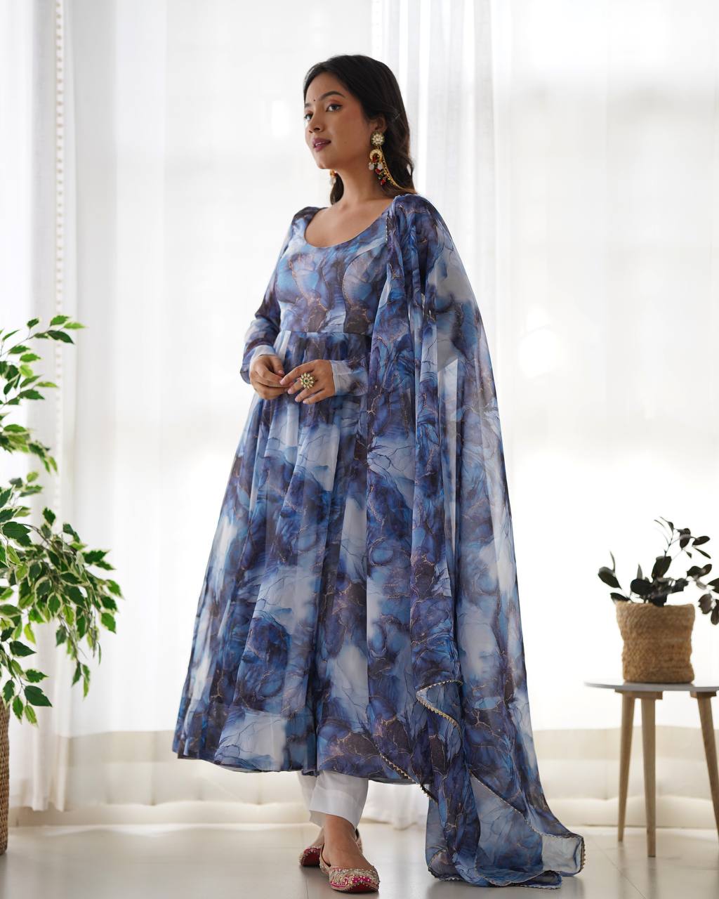 Aavya in Aqua Bloom Marble Print Anarkali Suit