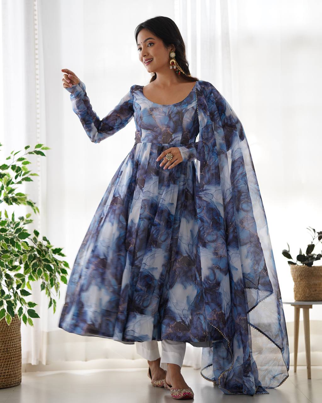 Aavya in Aqua Bloom Marble Print Anarkali Suit