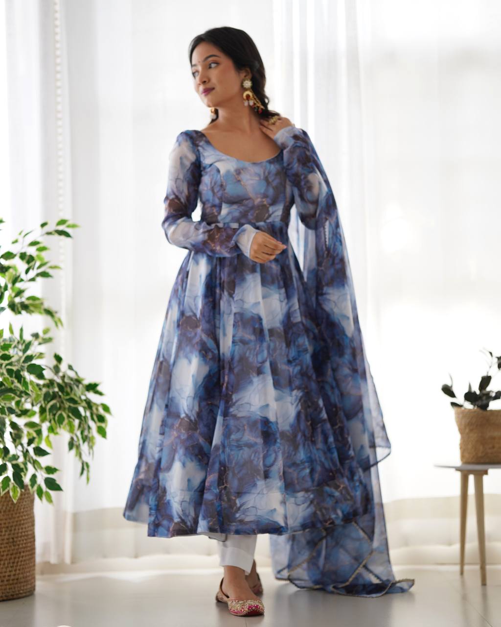 Aavya in Aqua Bloom Marble Print Anarkali Suit