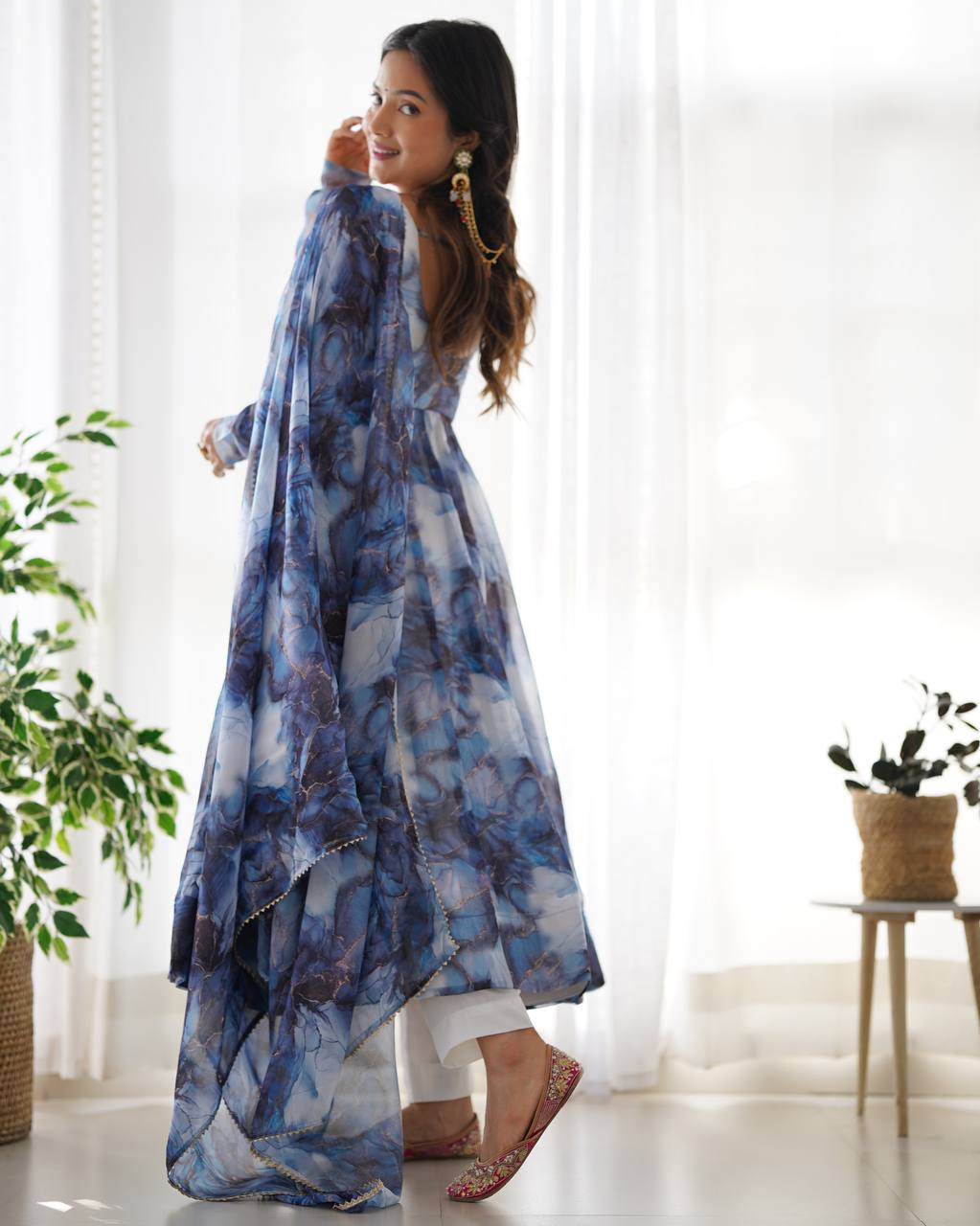 Aavya in Aqua Bloom Marble Print Anarkali Suit