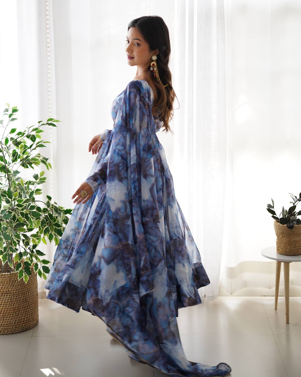 Aavya in Aqua Bloom Marble Print Anarkali Suit