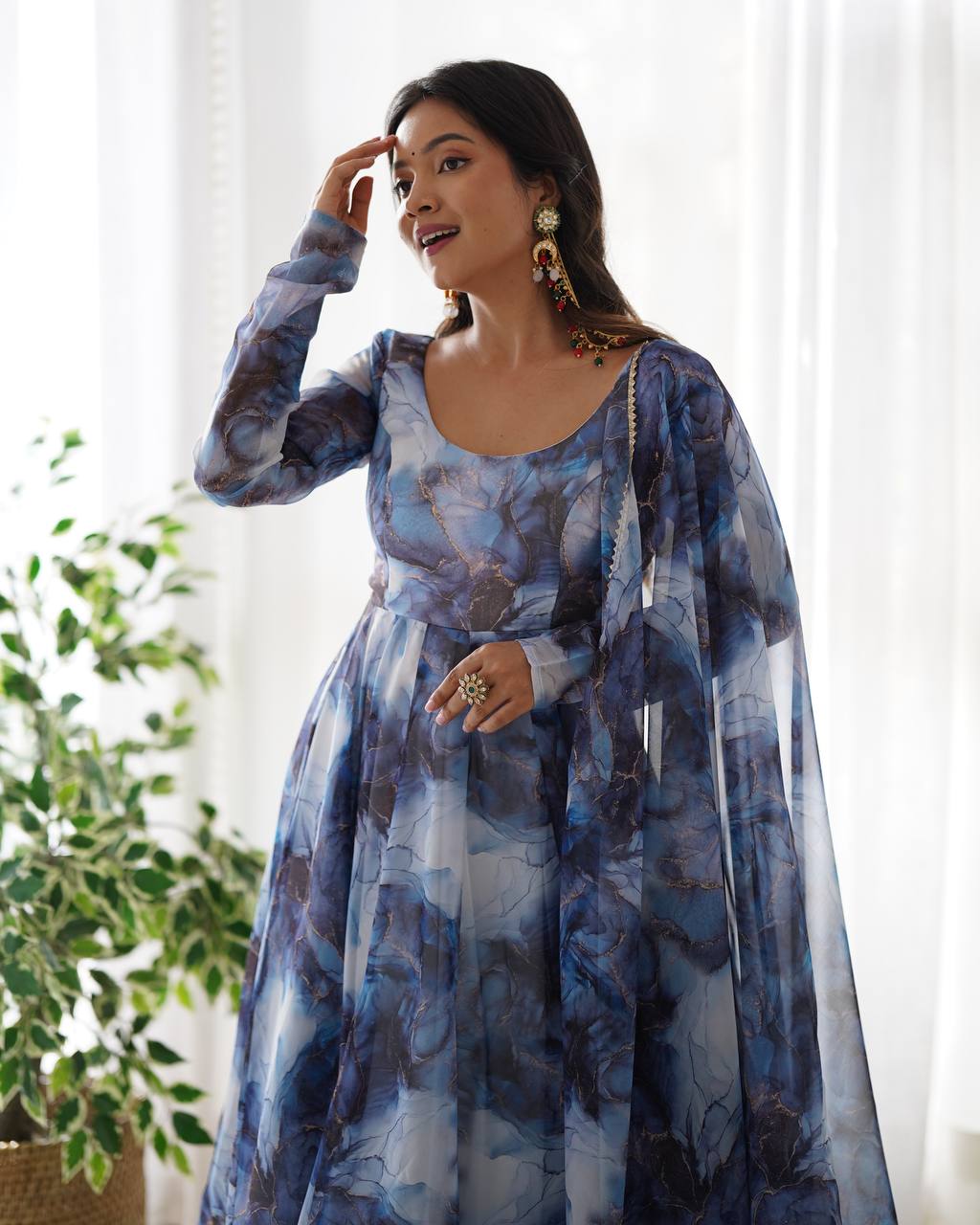 Aavya in Aqua Bloom Marble Print Anarkali Suit