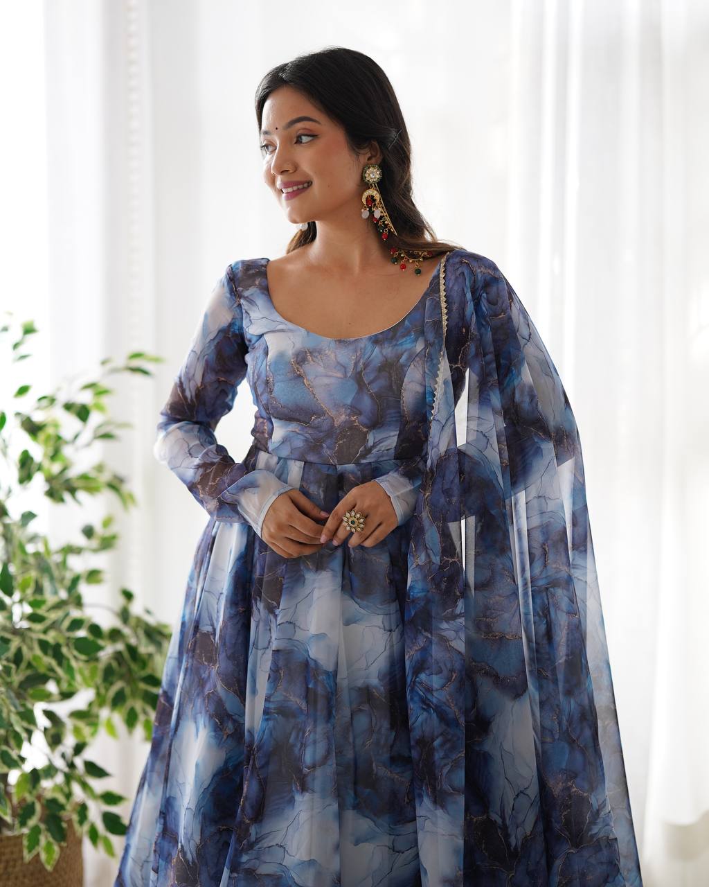 Aavya in Aqua Bloom Marble Print Anarkali Suit