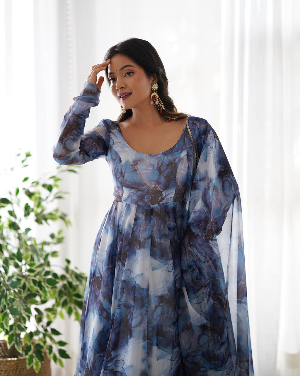 Aavya in Aqua Bloom Marble Print Anarkali Suit