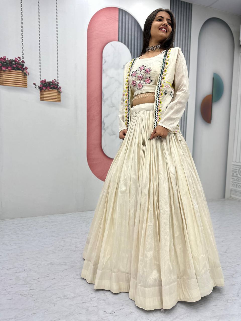 Navratri Noor Off-White Lehenga with Real Handwork Jacket