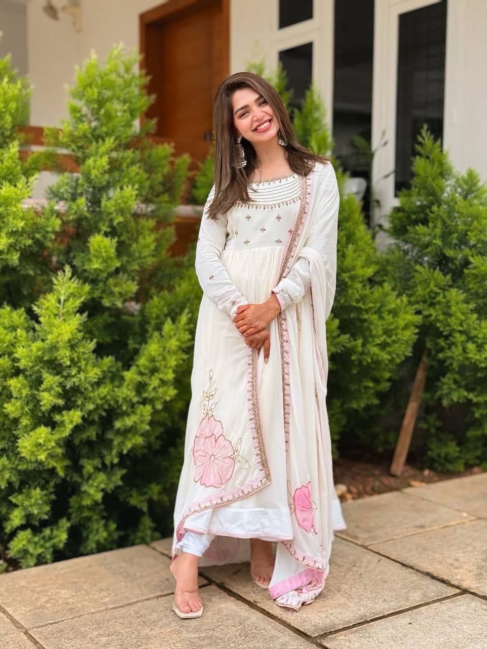 Iralyn Blush Bloom White Embroidered Anarkali Set