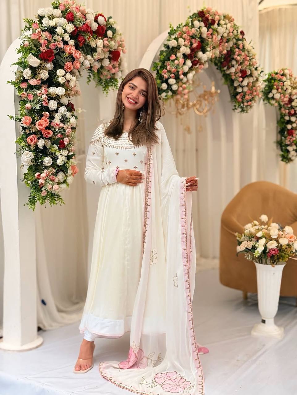 Iralyn Blush Bloom White Embroidered Anarkali Set