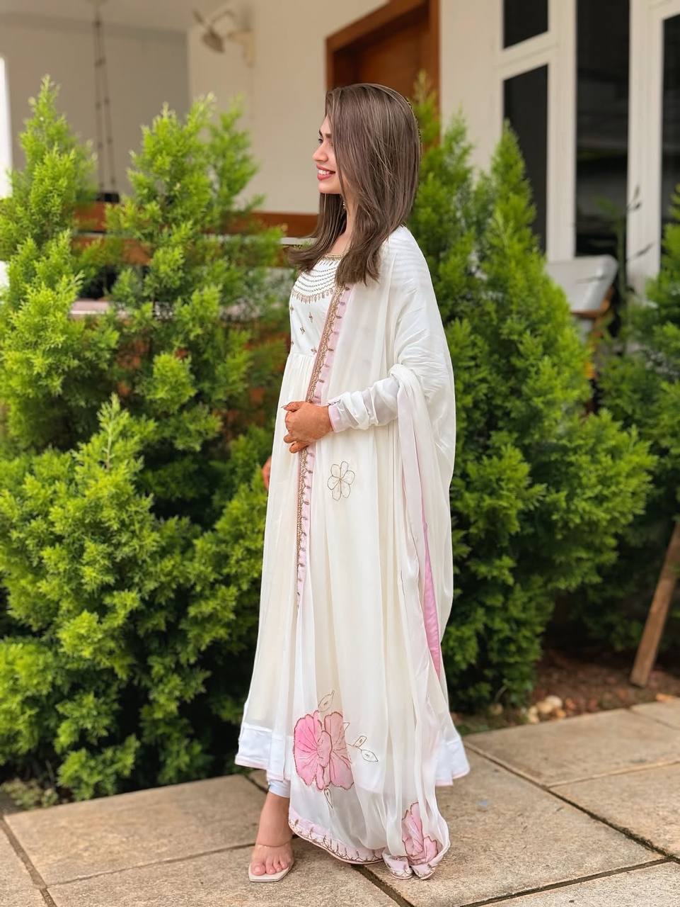 Iralyn Blush Bloom White Embroidered Anarkali Set