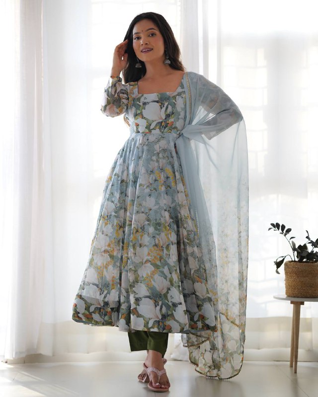 Sky Bloom Floral with Puff Sleeves Anarkali Set