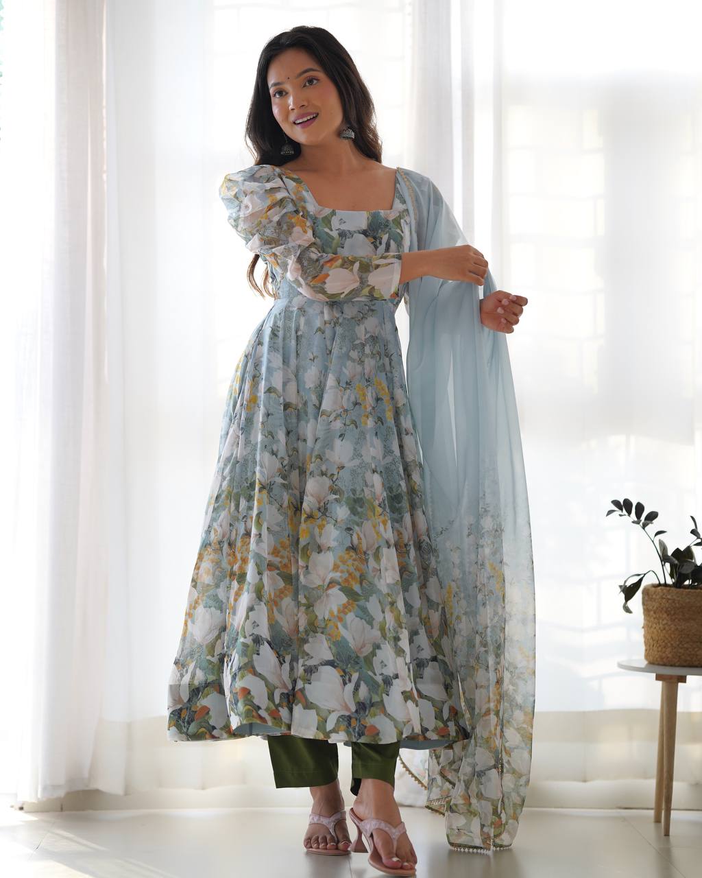 Sky Bloom Floral with Puff Sleeves Anarkali Set