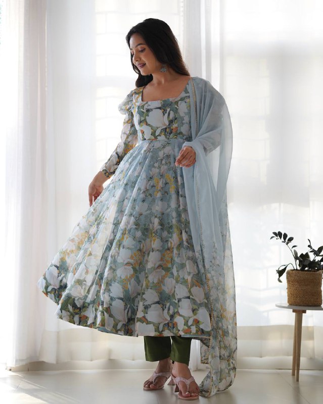 Sky Bloom Floral with Puff Sleeves Anarkali Set