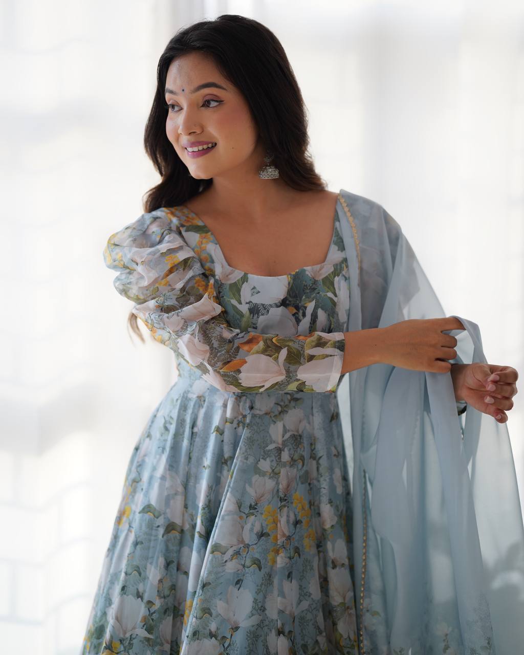 Sky Bloom Floral with Puff Sleeves Anarkali Set