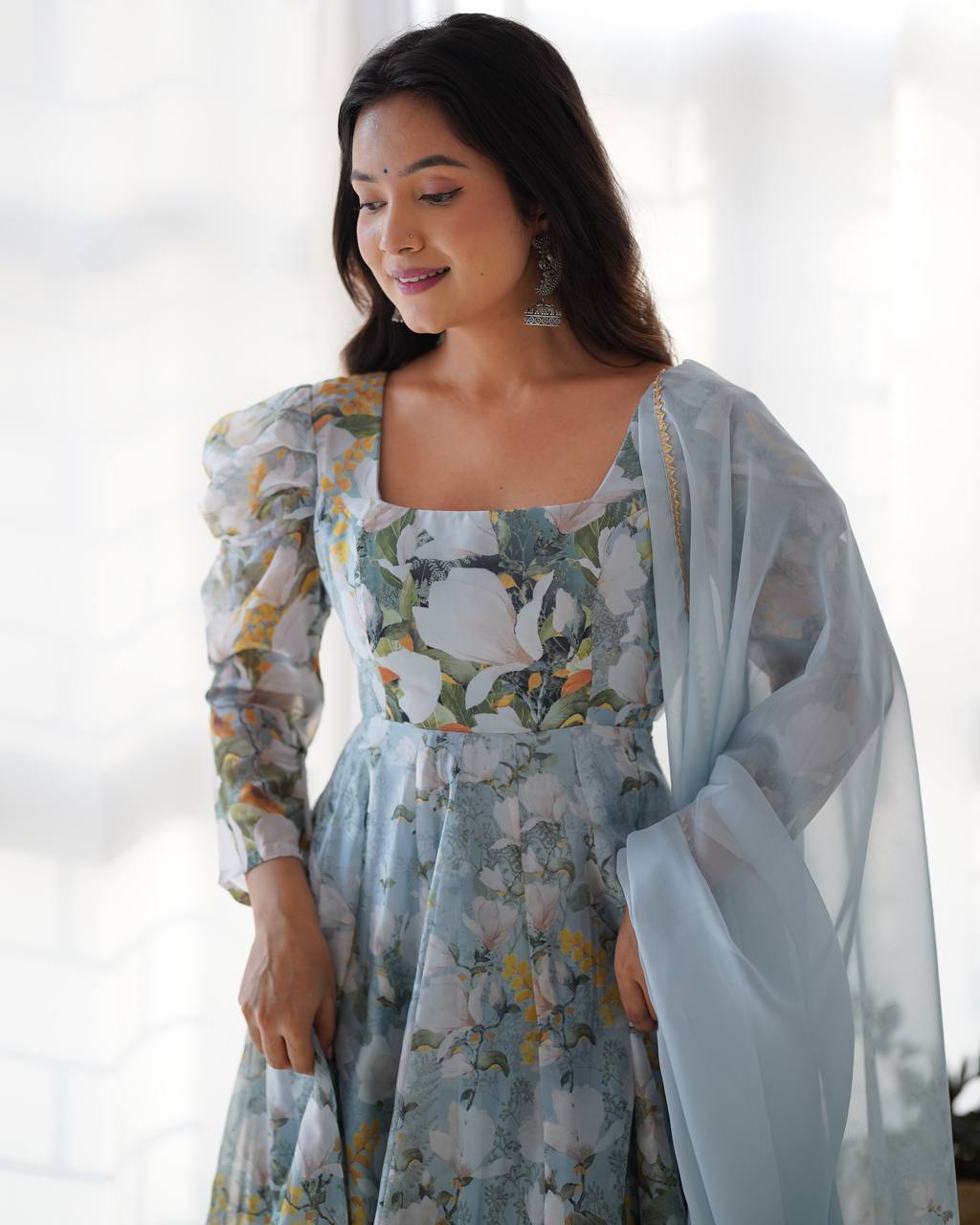 Sky Bloom Floral with Puff Sleeves Anarkali Set