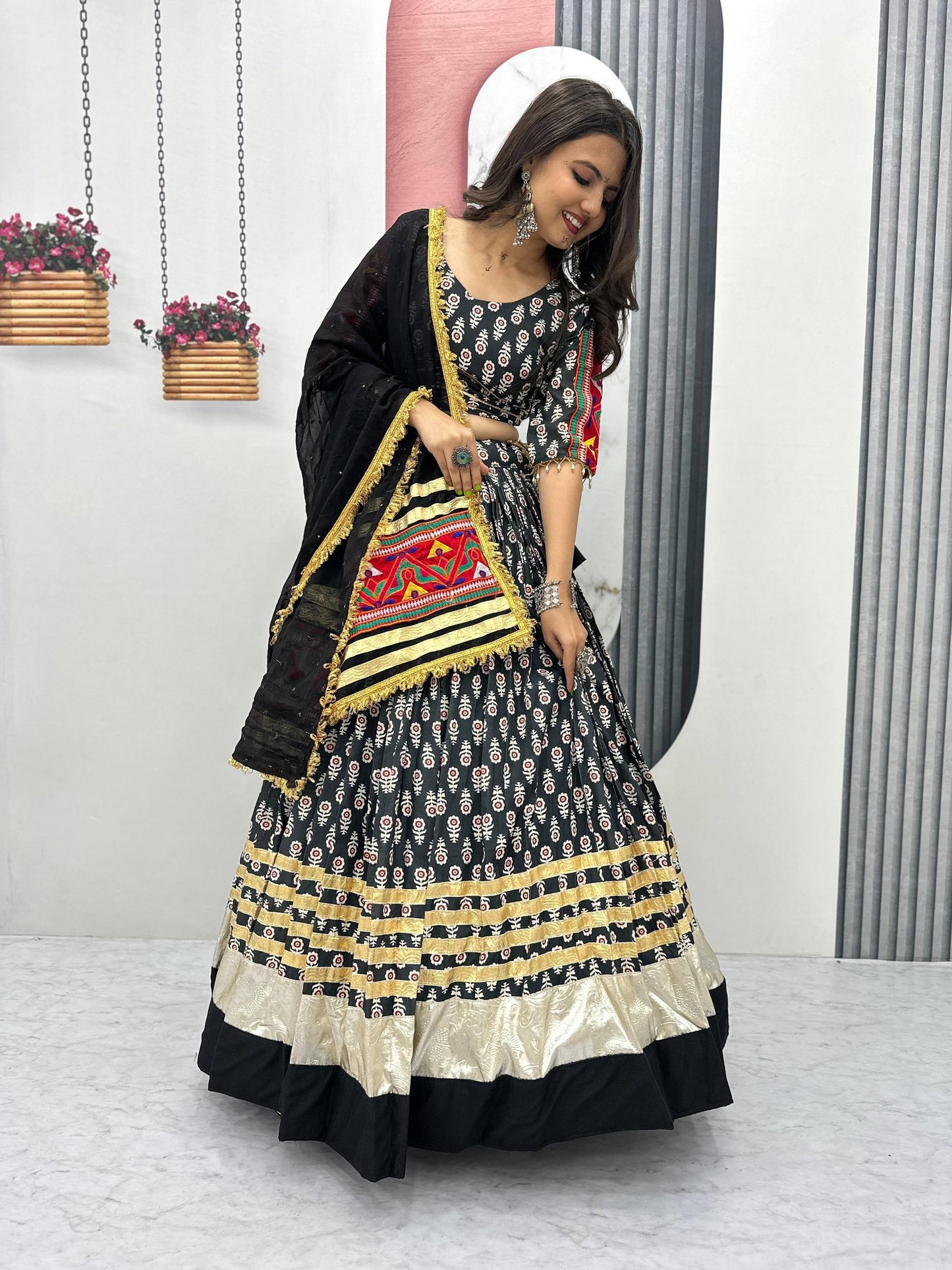 Black & Golden Vibrant Mirror Work Dupatta Navratri Lehenga Set