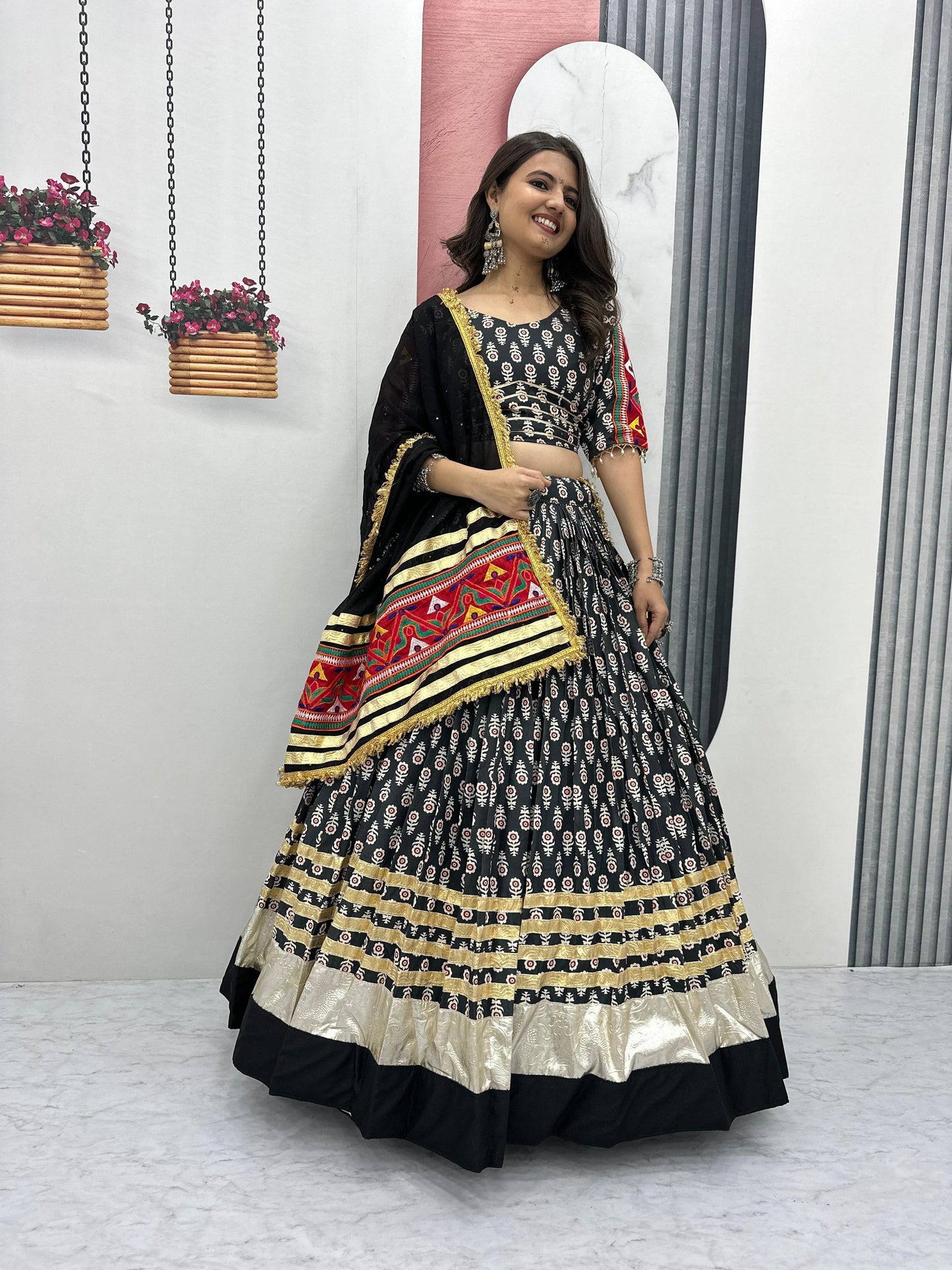 Black & Golden Vibrant Mirror Work Dupatta Navratri Lehenga Set