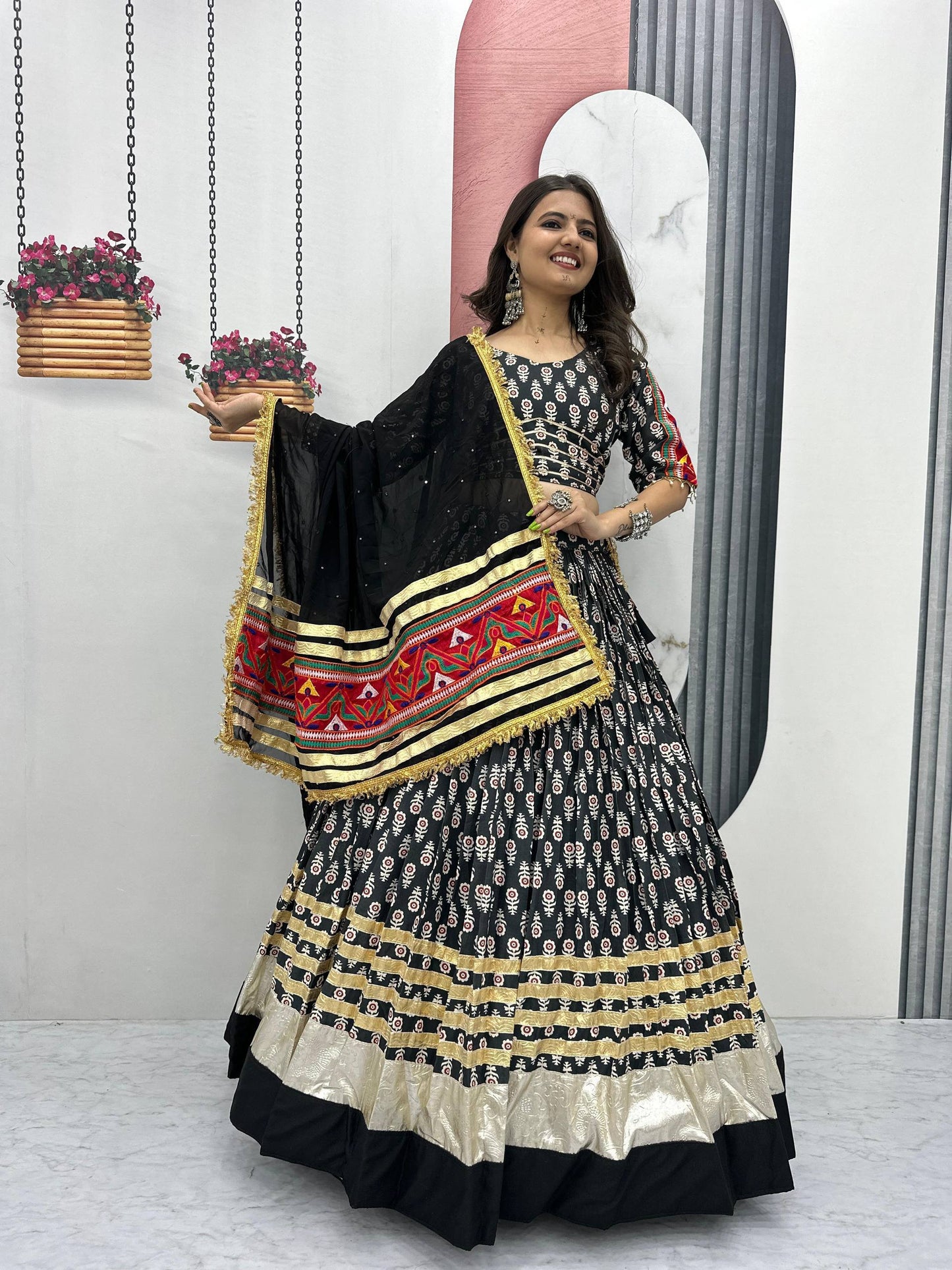 Black & Golden Vibrant Mirror Work Dupatta Navratri Lehenga Set