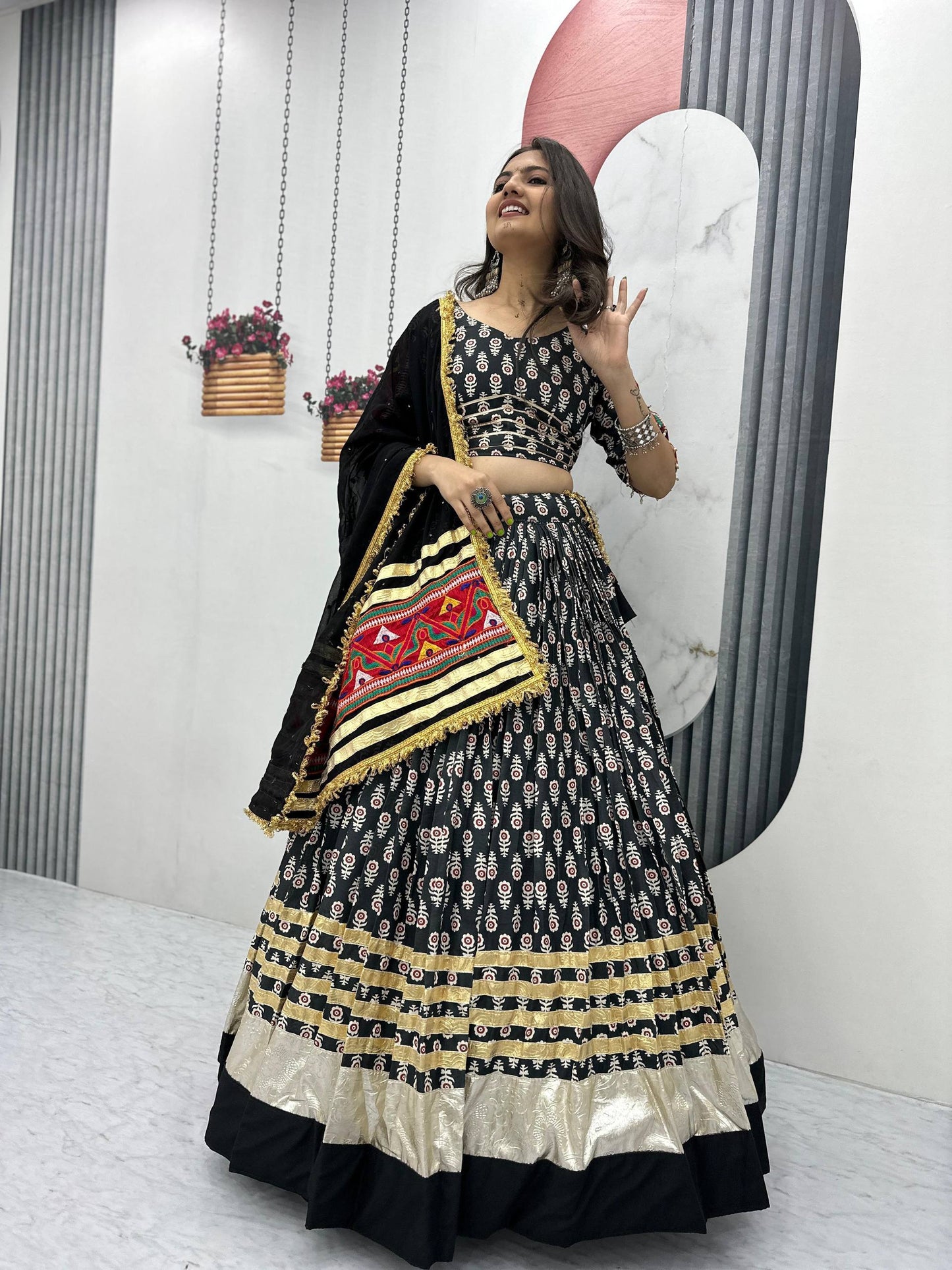 Black & Golden Vibrant Mirror Work Dupatta Navratri Lehenga Set