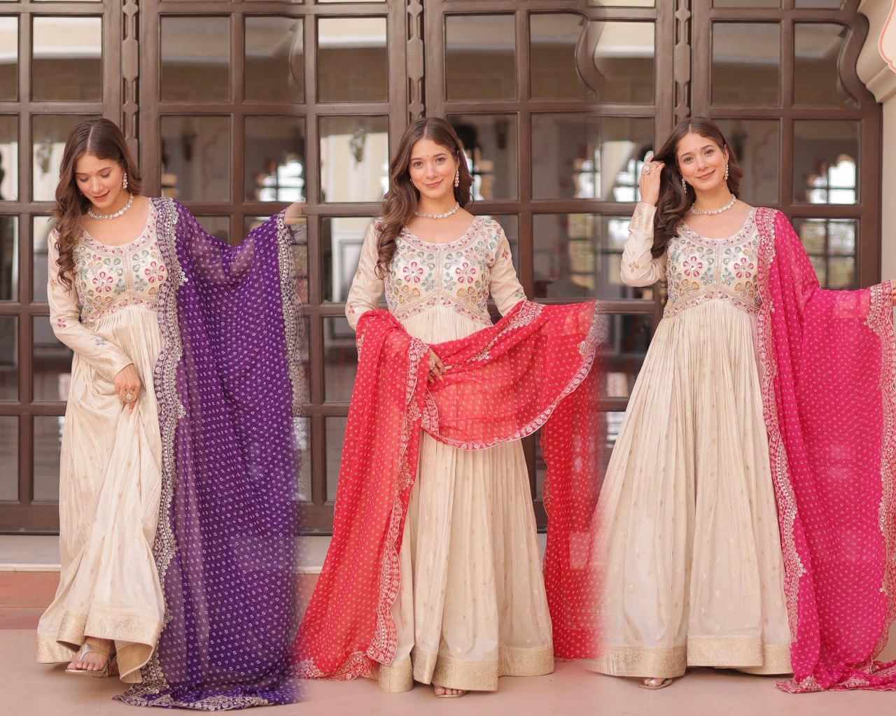 Regal Elegance Cream Mirror Work Anarkali Gown with Bandhej Dupatta