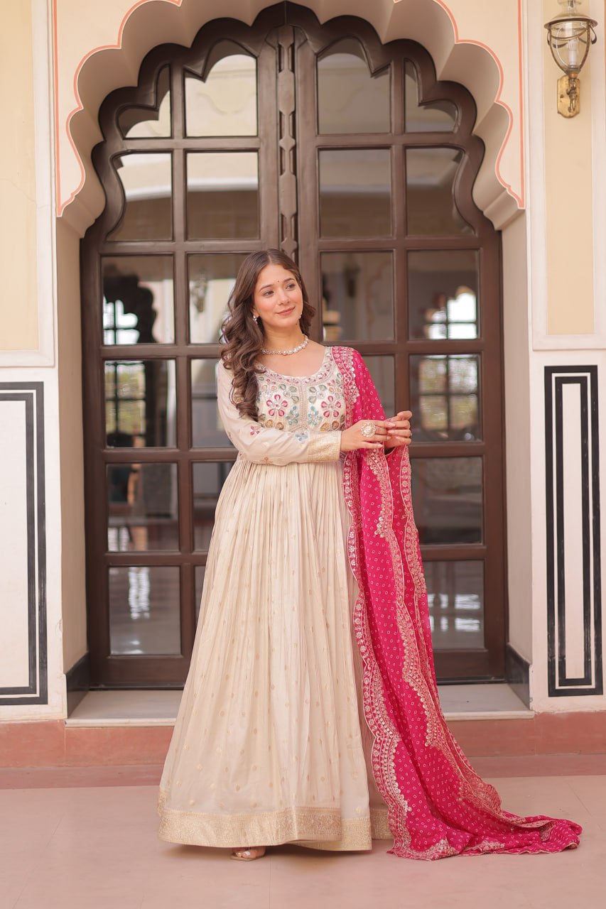Regal Elegance Cream Mirror Work Anarkali Gown with Bandhej Dupatta