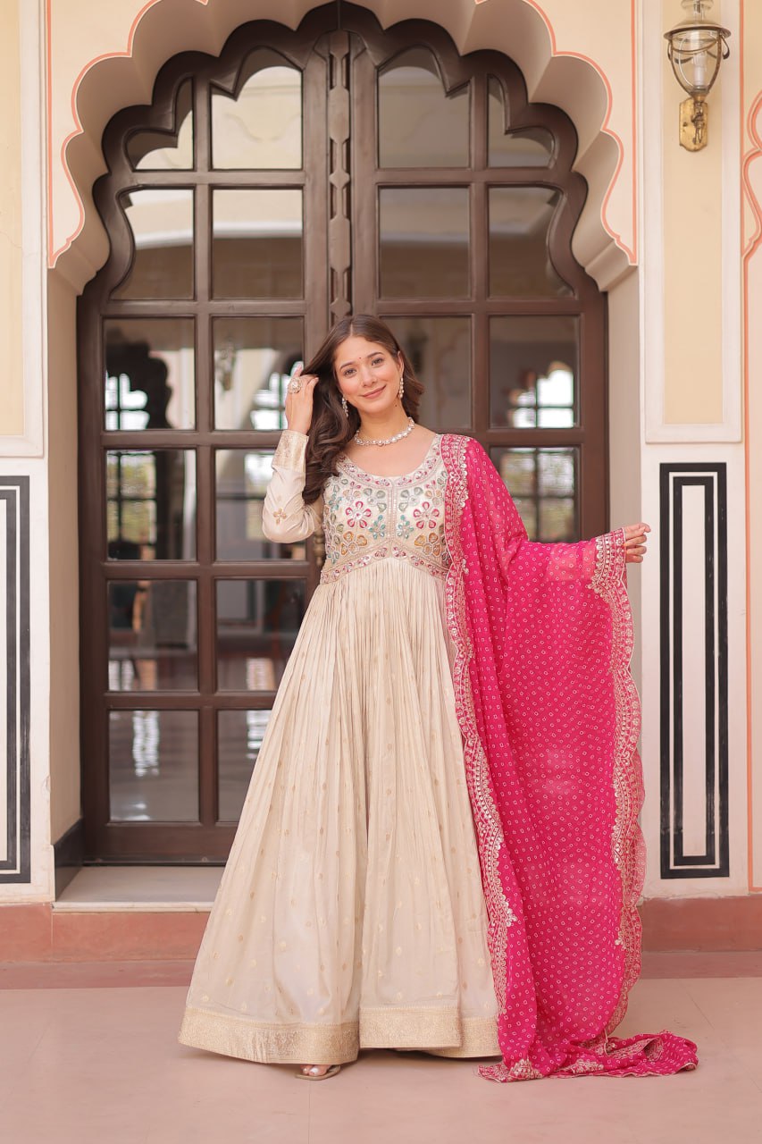 Regal Elegance Cream Mirror Work Anarkali Gown with Bandhej Dupatta