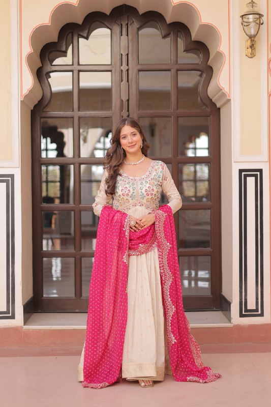 Regal Elegance Cream Mirror Work Anarkali Gown with Bandhej Dupatta