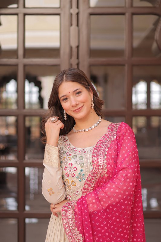 Regal Elegance Cream Mirror Work Anarkali Gown with Bandhej Dupatta
