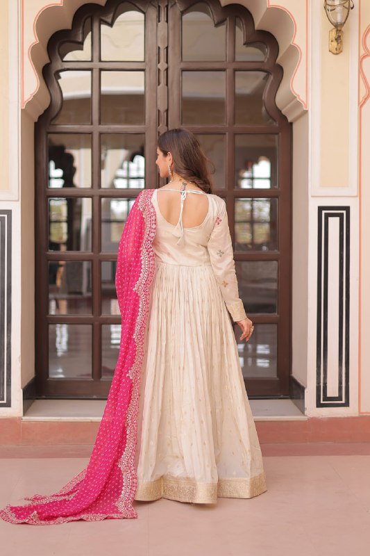 Regal Elegance Cream Mirror Work Anarkali Gown with Bandhej Dupatta
