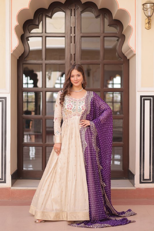Regal Elegance Cream Mirror Work Anarkali Gown with Bandhej Dupatta