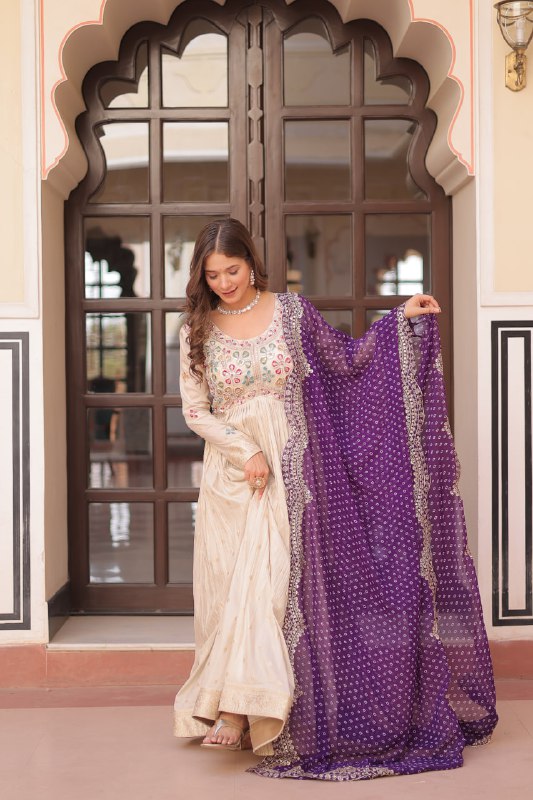 Regal Elegance Cream Mirror Work Anarkali Gown with Bandhej Dupatta