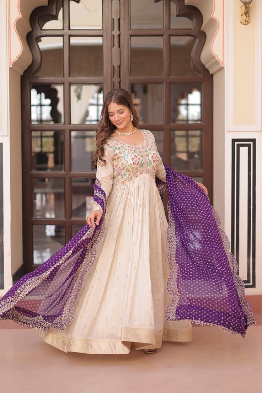 Regal Elegance Cream Mirror Work Anarkali Gown with Bandhej Dupatta