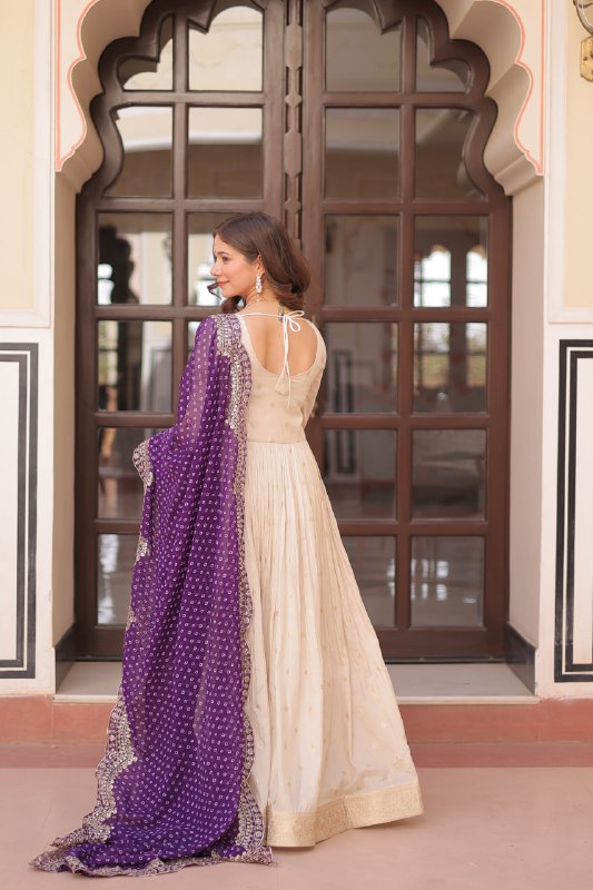 Regal Elegance Cream Mirror Work Anarkali Gown with Bandhej Dupatta