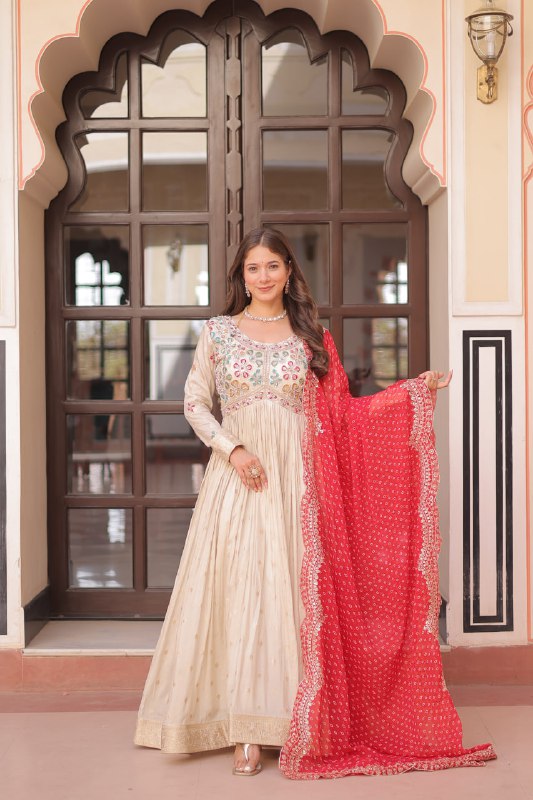 Regal Elegance Cream Mirror Work Anarkali Gown with Bandhej Dupatta