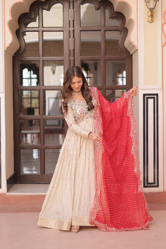Regal Elegance Cream Mirror Work Anarkali Gown with Bandhej Dupatta