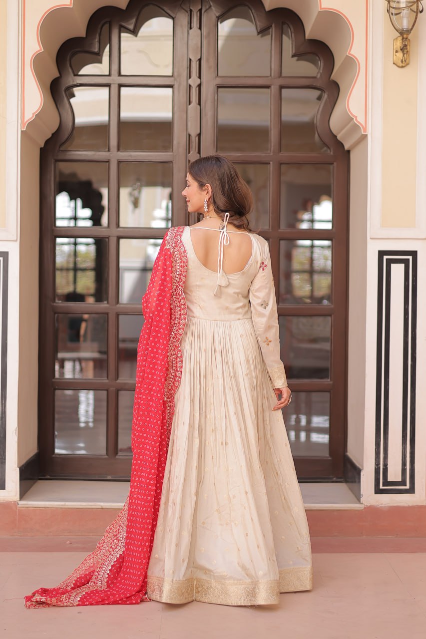 Regal Elegance Cream Mirror Work Anarkali Gown with Bandhej Dupatta