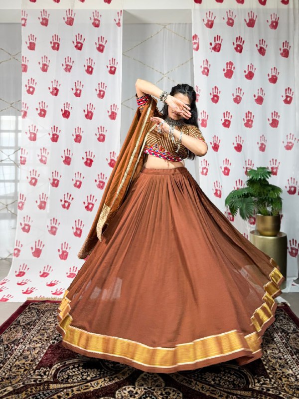 Meraki Bronze & Wine Chanderi Handwork Navratri Lehenga Set