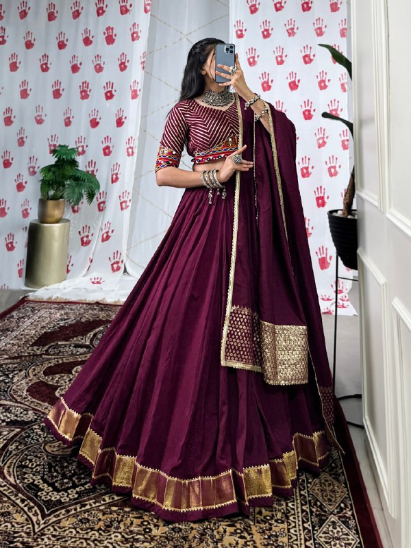 Meraki Bronze & Wine Chanderi Handwork Navratri Lehenga Set