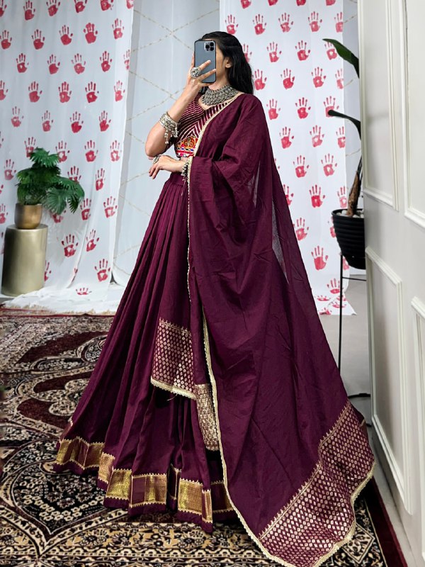 Meraki Bronze & Wine Chanderi Handwork Navratri Lehenga Set