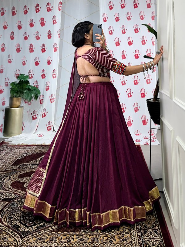 Meraki Bronze & Wine Chanderi Handwork Navratri Lehenga Set