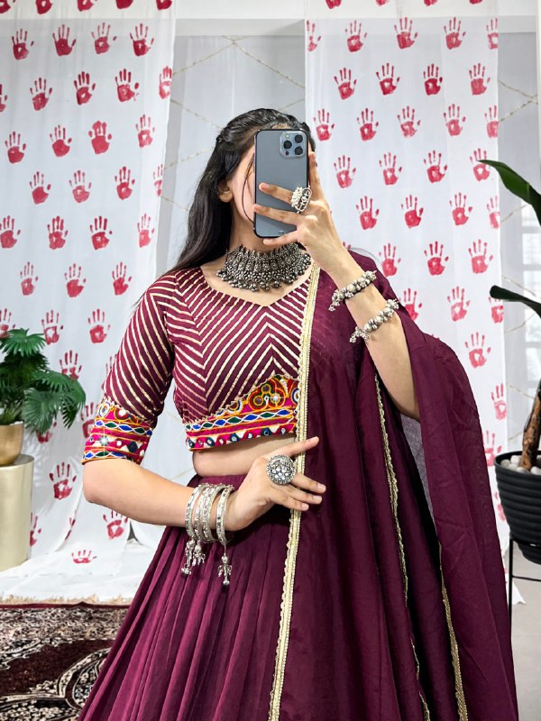 Meraki Bronze & Wine Chanderi Handwork Navratri Lehenga Set