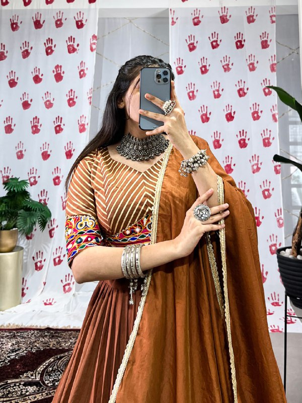 Meraki Bronze & Wine Chanderi Handwork Navratri Lehenga Set