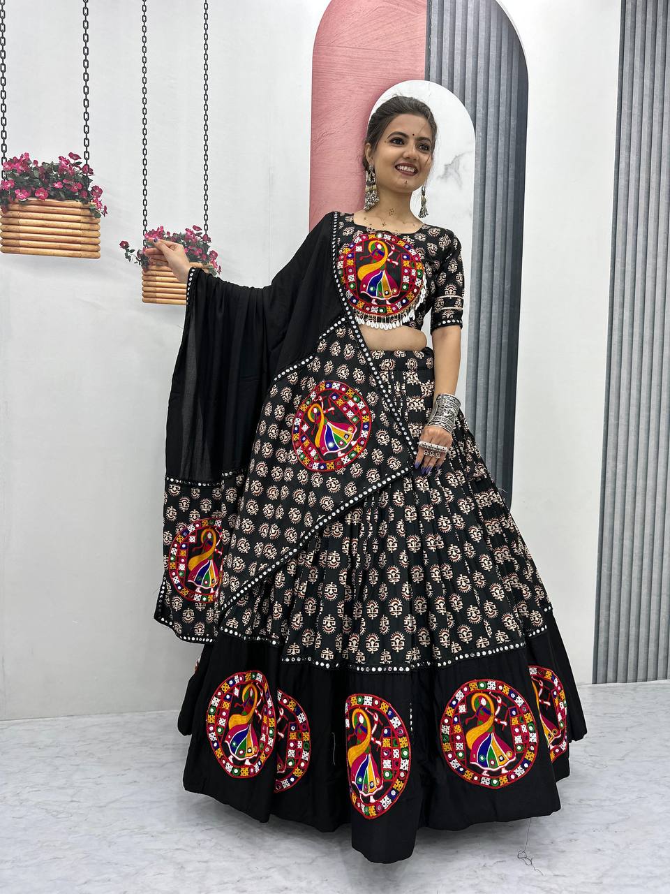 Maroon & Black Navratri Vibrant Peacock Mirror Embroidery Lehenga Set