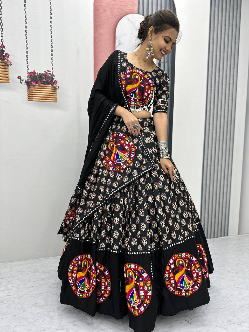 Maroon & Black Navratri Vibrant Peacock Mirror Embroidery Lehenga Set