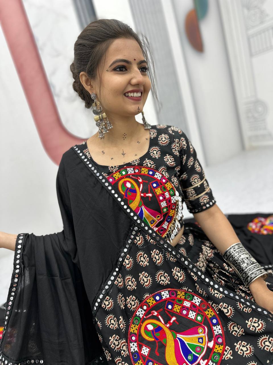 Maroon & Black Navratri Vibrant Peacock Mirror Embroidery Lehenga Set
