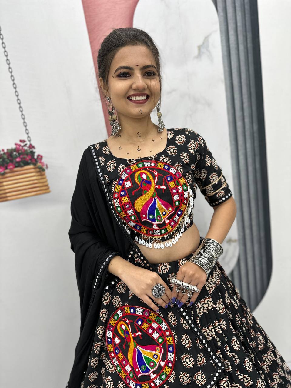 Maroon & Black Navratri Vibrant Peacock Mirror Embroidery Lehenga Set