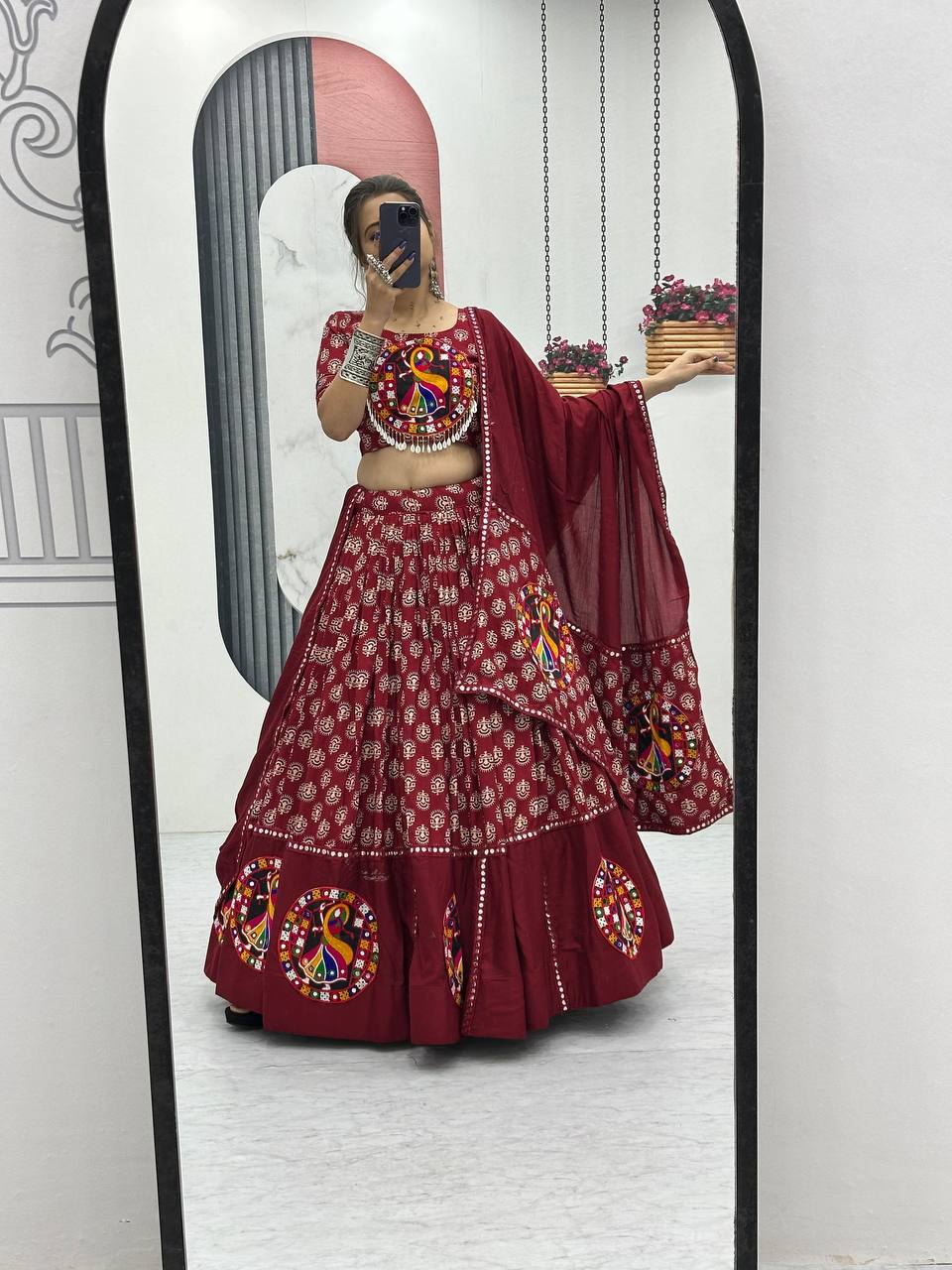 Maroon & Black Navratri Vibrant Peacock Mirror Embroidery Lehenga Set