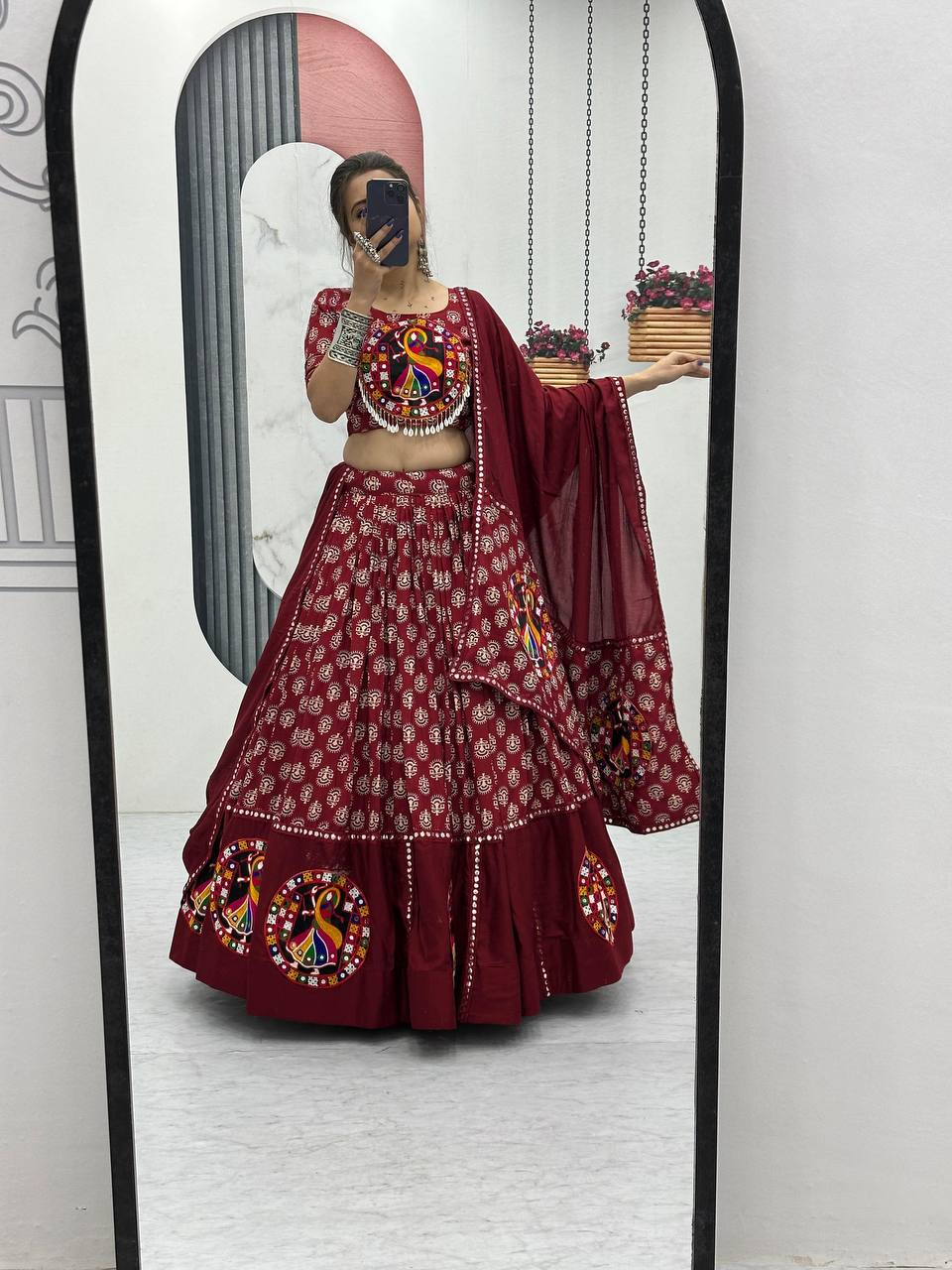 Maroon & Black Navratri Vibrant Peacock Mirror Embroidery Lehenga Set