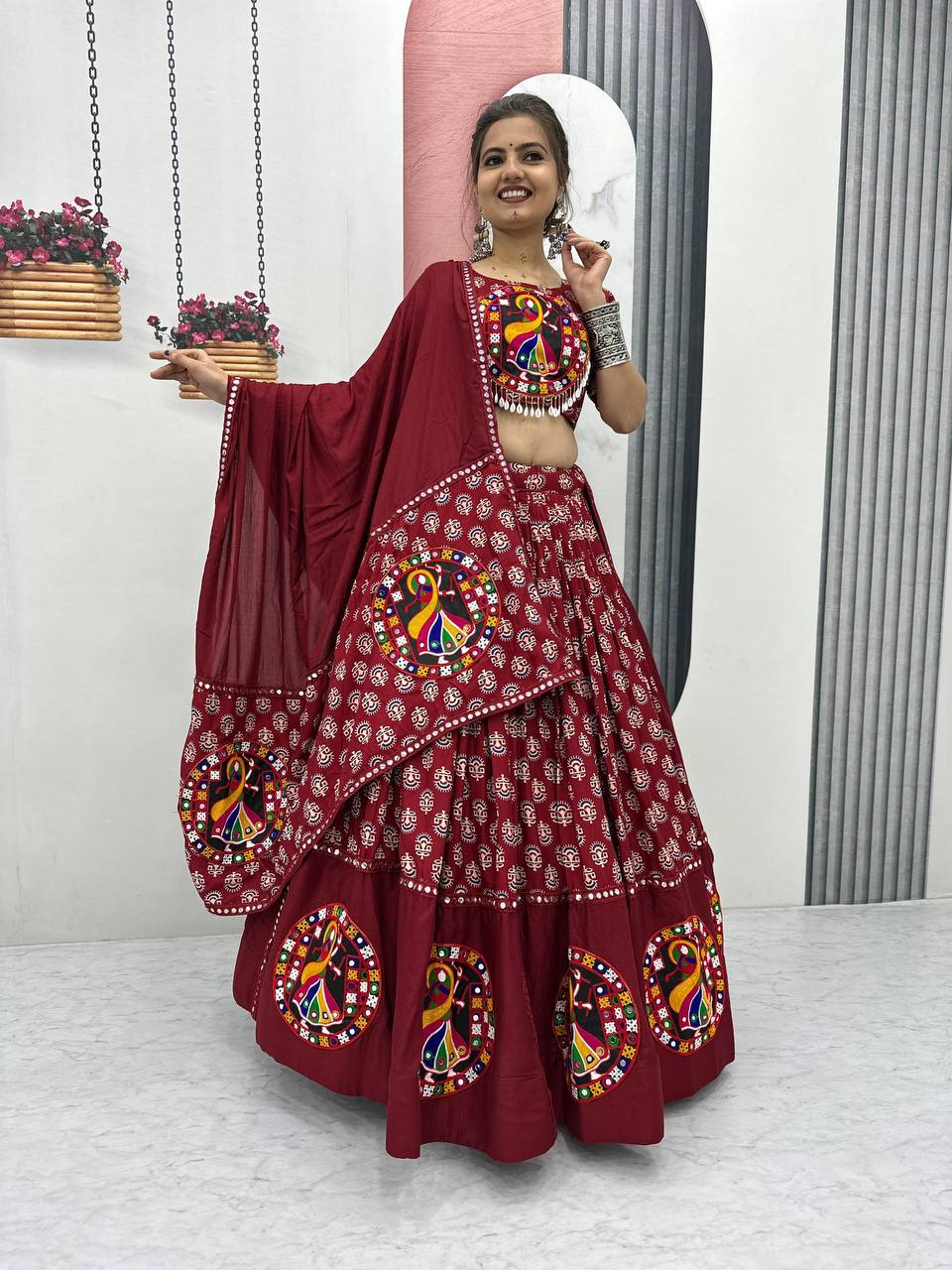 Maroon & Black Navratri Vibrant Peacock Mirror Embroidery Lehenga Set