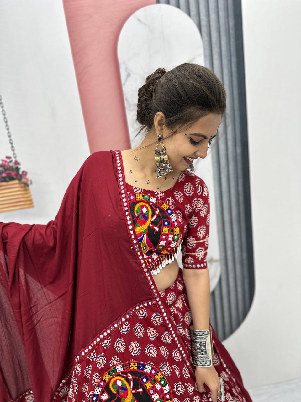 Maroon & Black Navratri Vibrant Peacock Mirror Embroidery Lehenga Set