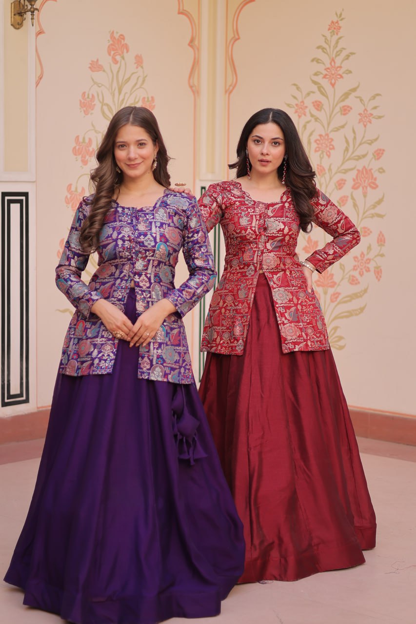 Royal Silk Brocade Embroidered Maroon & Purple Jacket Lehenga Set